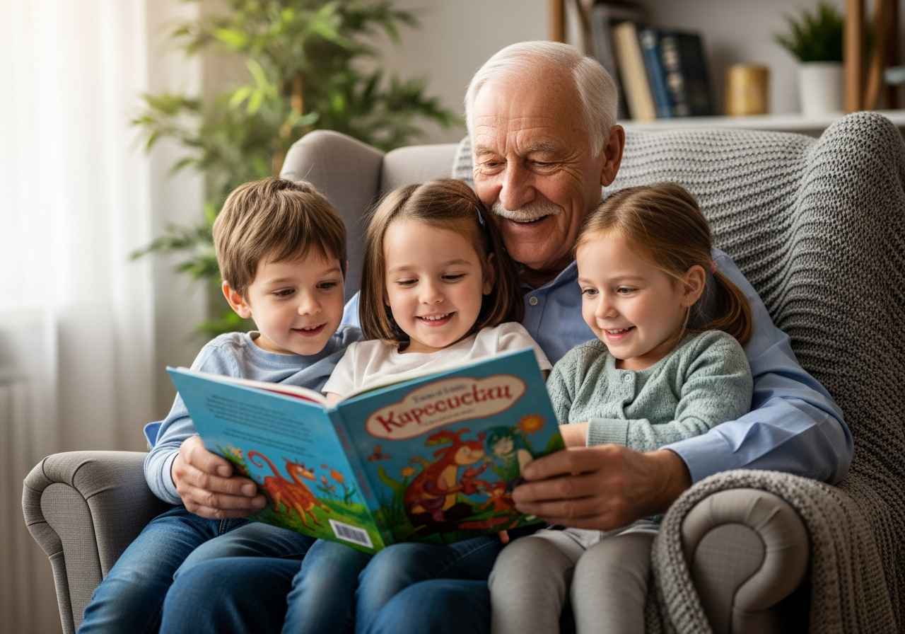 Dr. Agrawal reading with grandchildren